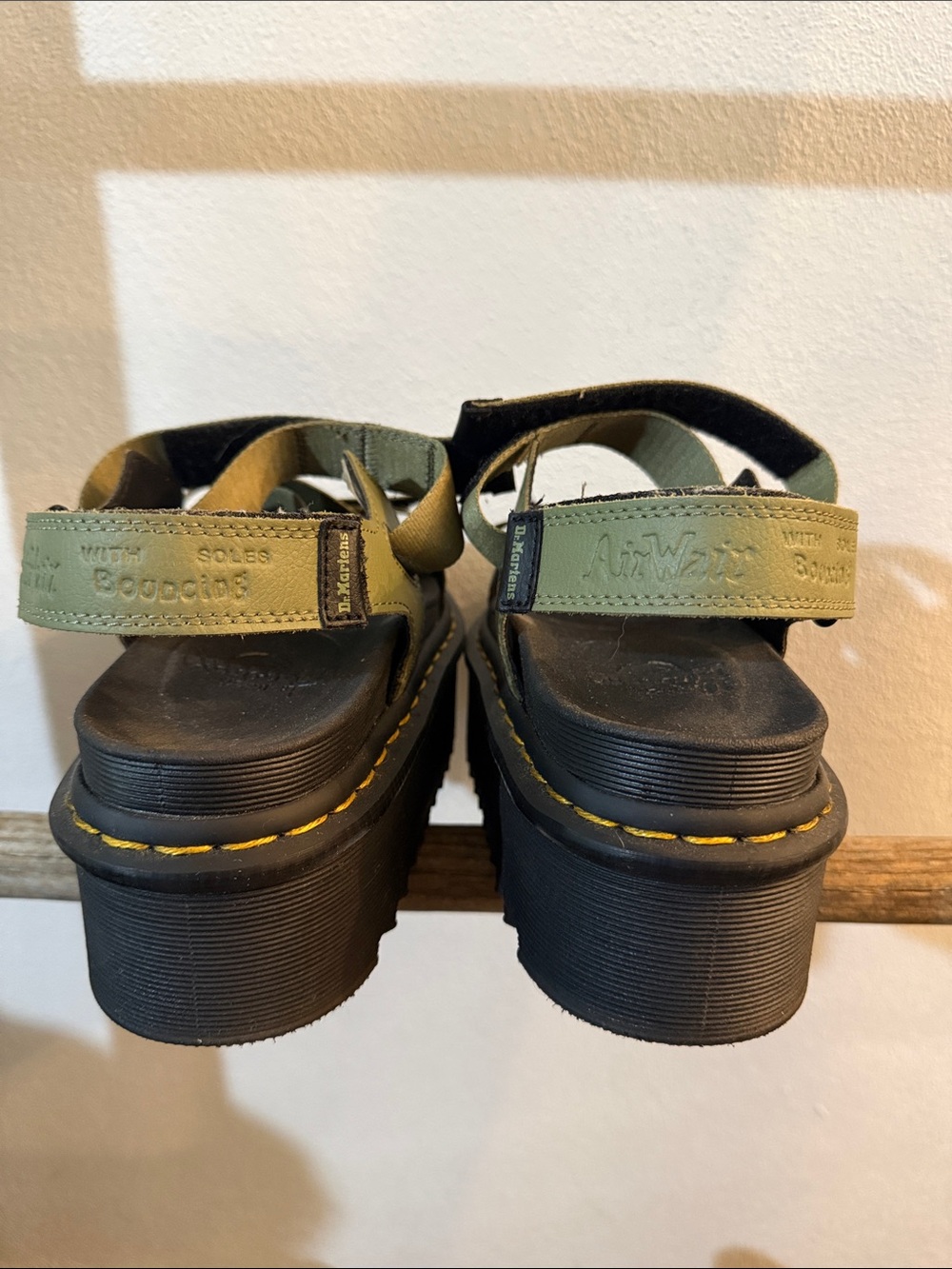 Dr. Martens Olive Strappy Platform Sandals with Yellow Stitching - Picture 2 of 12